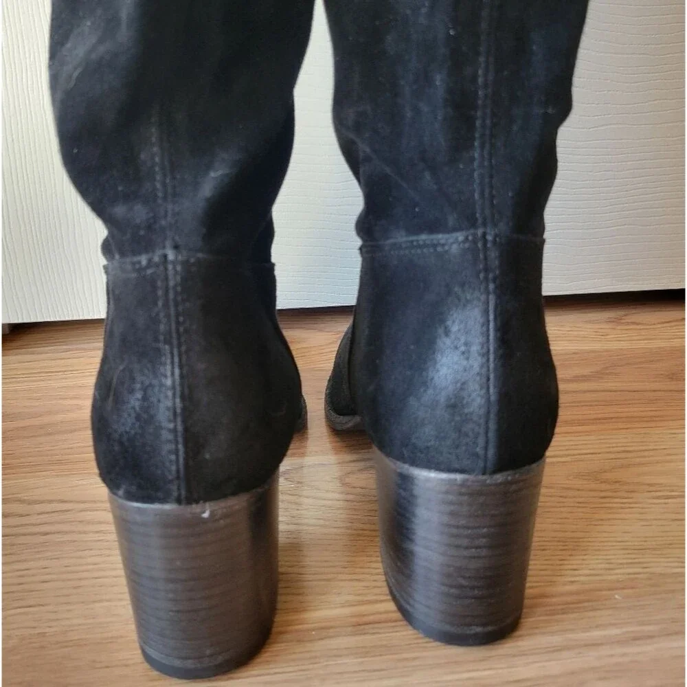 Free People Black Suede Knee-High Block Heel Boots Boho Chic 90s Size 10.5/41